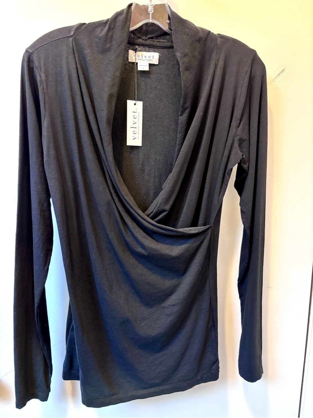 Velvet by Graham & Spencer Black Draped V-Neck Long Sleeve Top